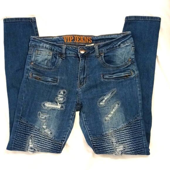 VIP Jeans Women Sz 11 12 Blue Fancy Distressed Skinny Fray Boho Hip Hop Designer - Picture 2 of 16